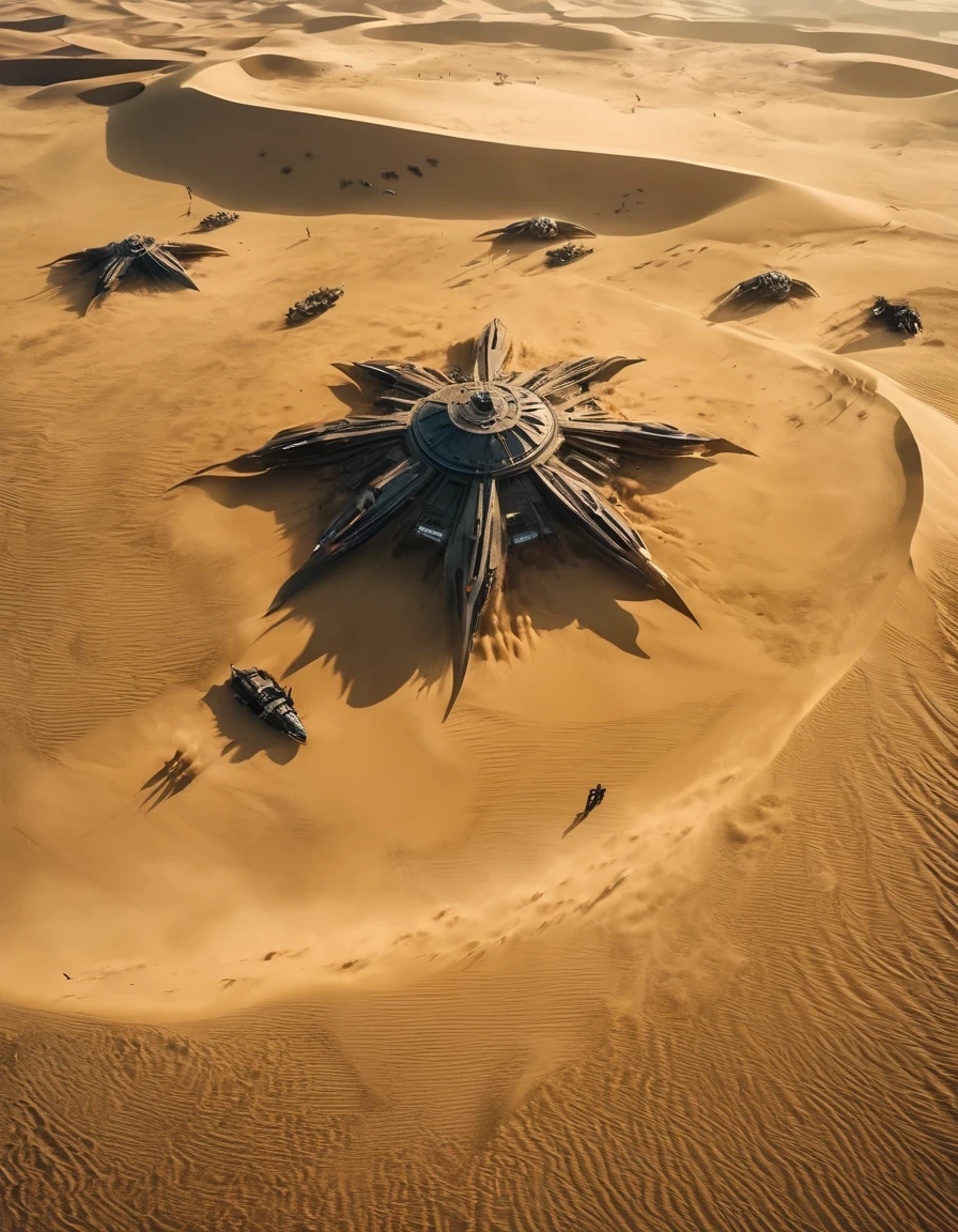 Aerial Photography，Dune movie aesthetics, Dune movie style, Aerial view, two armies fighting,epic scene, epic composition, describing the grand scene of the battl