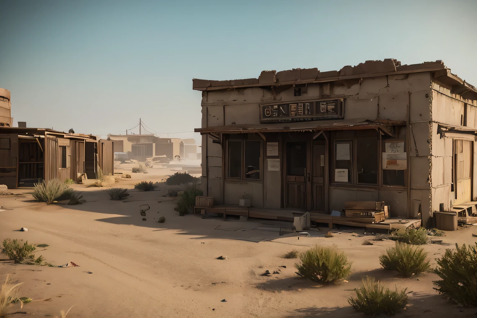 Post-apocalyptic wilderness，Desert town，There are many abandoned buildings in it, Dusty environment, Dusty Unreal Engine, Octane Highly Detailed Movie, mining outpost, Rendering in cryengine, fallout environment, Realistic Unreal Engine 3D game, foggy ghost town, Military outpost, videogame screenshot>, Capturing 3D renderings in games, Steam Workshop Map, wilderness