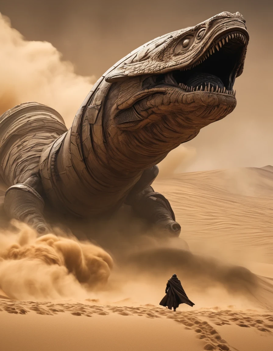 Scene design，Very unified CG，Latter-day rough soil，Dune movie aesthetics, Dune movie sty.e,Future warrior stands on a giantsandworm and rides through a violent sandstorm, epic scenes