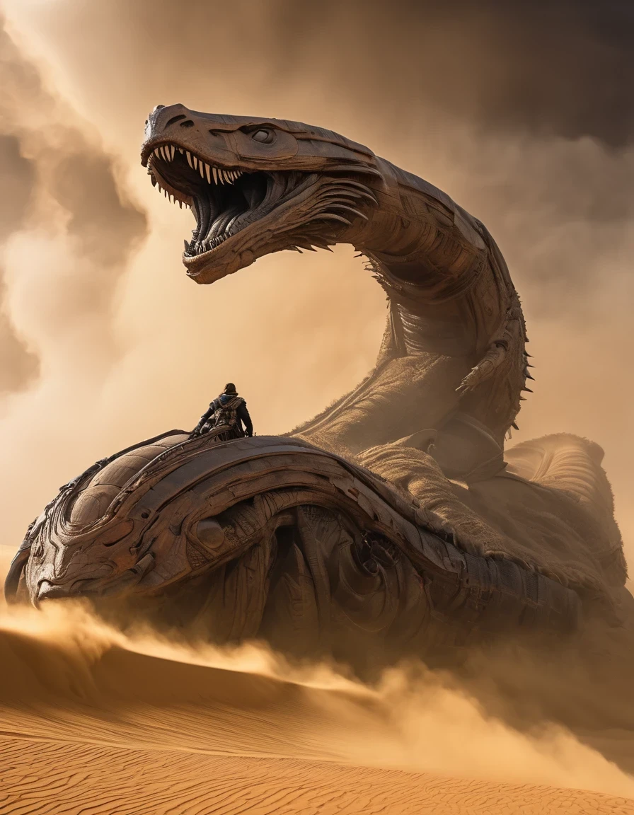 Scene design，Very unified CG，Latter-day rough soil，Dune movie aesthetics, Dune movie sty.e,Future warrior stands on a giantsandworm and rides through a violent sandstorm, epic scenes