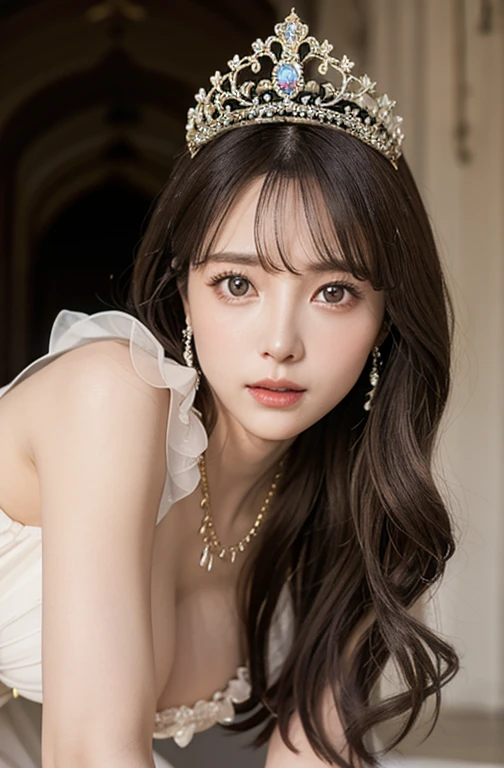 Princess , in castle , detailed hand , high quality, super quality, detailed face, beautiful woman , golden eyes, long hair , mega breast , gorgeous dress, tiara, necklace earring , full body , sharpe eyebrow , half upper