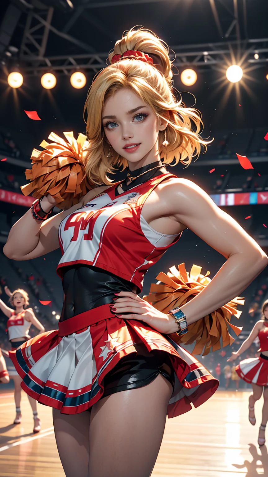 ((最high quality, 8K, masterpiece: 1.3, Ultra HD, high quality, 最high quality, High resolution, realism)) 、A 22-year-old extremely beautiful white woman、Hair color blonde、blue eyeedium Hair、Straight Hair、smile、Slender but well-proportioned body、Athlete-like body type、I want my head to stay off screen、Wearing accessories on the wrist、Put an anklet on your ankle、Wearing red nail polish、I have a peticure、Being a cheerleader、Holding pom-poms and waving both hands in the air, they dance the cheer dance、looks fun、Lively、View your viewers