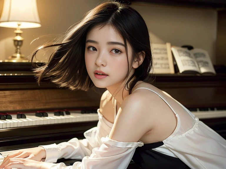 (1 girl)、best quality、masterpiece、ultra high resolution、(Photo realism:1.4)、original photo、(1 girl facing black piano、Straight, black hair、Delicate hair details)、(a black piano、Girl fingers on piano keys、Delicate finger details)shadow、octane rendering、8K、Super sharp、(breast、long sleeve、White tulle、Portrait silk pajamas、Delicate silk details)、(Girl playing piano fingers、Very fine finger details)、realistic light、(There is only one piano in the practice room、girl shining eyes、Looking in the direction of the piano)、小LED、(Girl turning sideways towards the piano.Playing piano with hands on keys.Delicate details of fingers on piano keys)