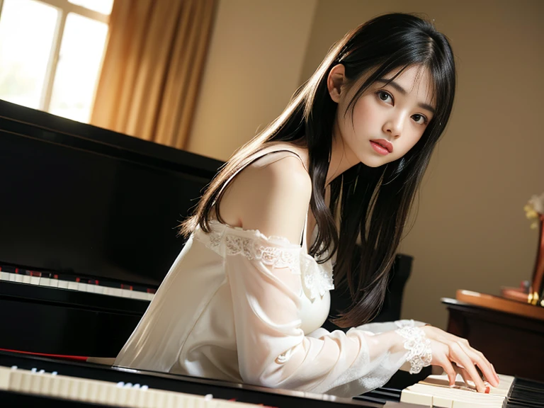 (1 girl)、best quality、masterpiece、ultra high resolution、(Photo realism:1.4)、original photo、(1 girl facing black piano、Straight, black hair、Delicate hair details)、(a black piano、Girl fingers on piano keys、Delicate finger details)shadow、octane rendering、8K、Super sharp、(breast、long sleeve、White tulle、Portrait silk pajamas、Delicate silk details)、(Girl playing piano fingers、Very fine finger details)、realistic light、(There is only one piano in the practice room、girl shining eyes、Looking in the direction of the piano)、小LED、(Girl turning sideways towards the piano.Playing piano with hands on keys.Delicate details of fingers on piano keys)