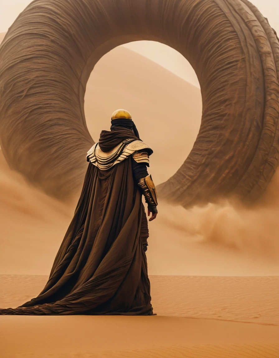 Dune movie aesthetics, Dune movie sty.e,Future warrior stands on a giantsandworm and rides through a violent sandstorm, epic scenes