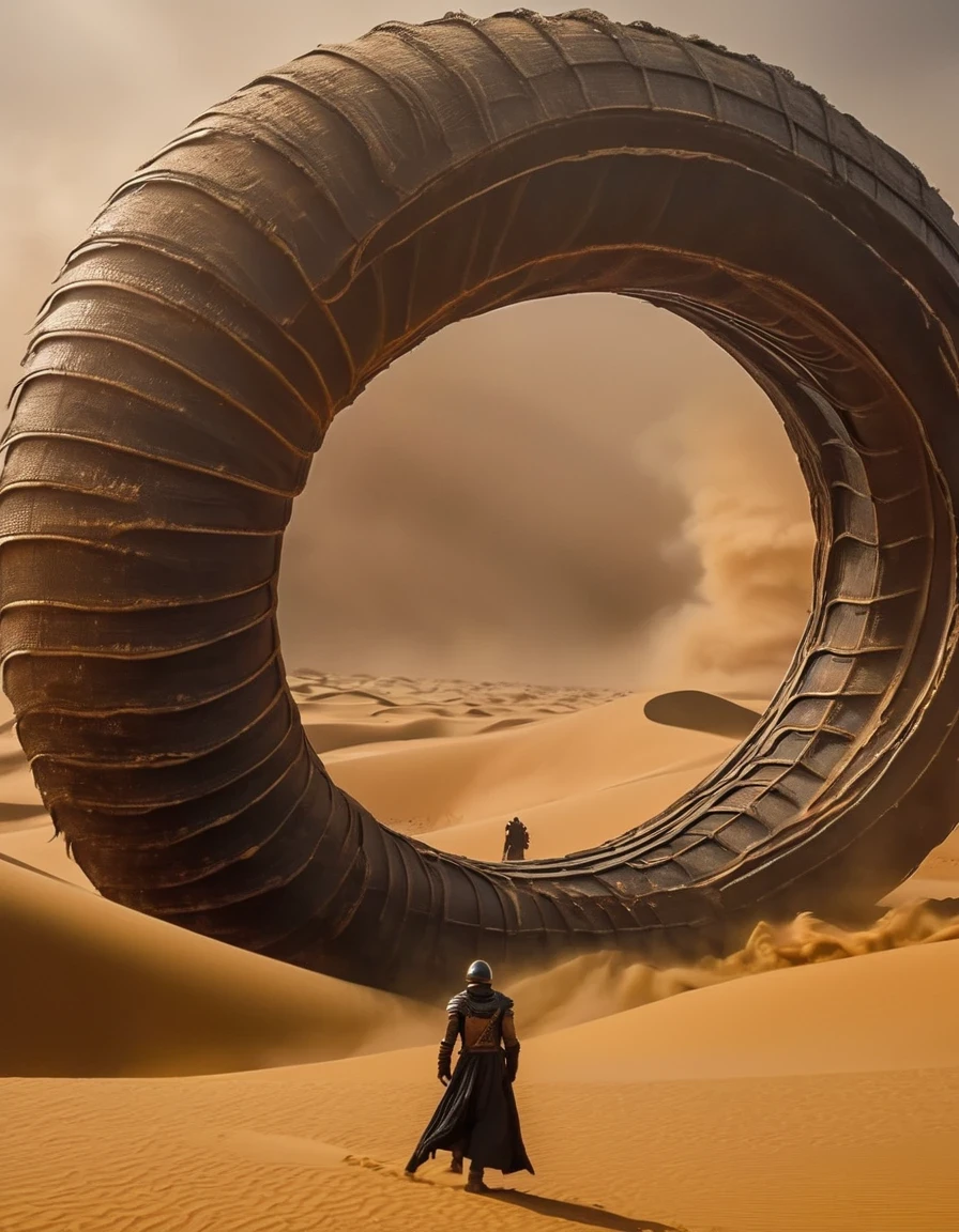 Dune movie aesthetics, Dune movie sty.e,Future warrior stands on a giantsandworm and rides through a violent sandstorm, epic scenes