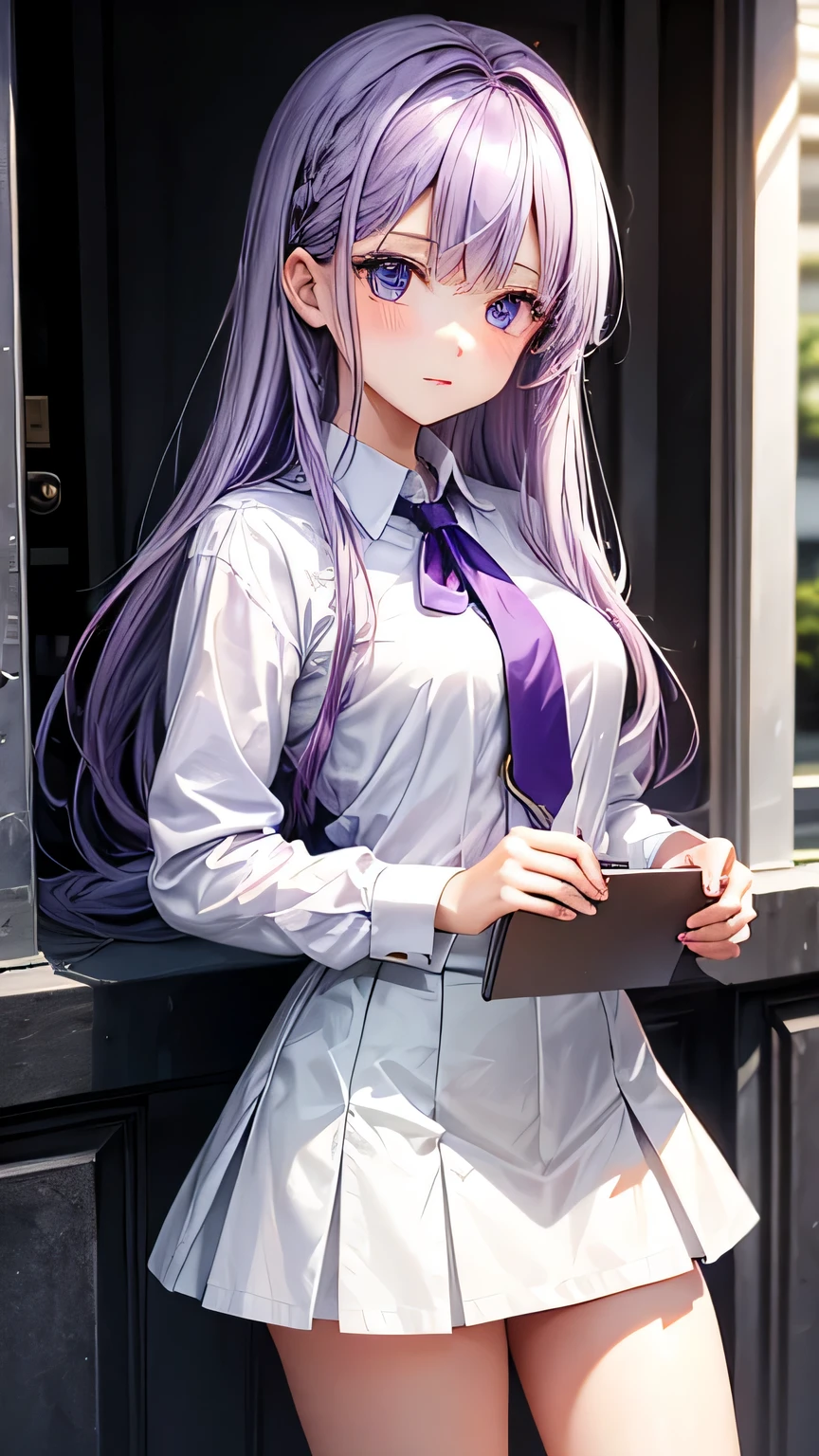 a girl, white shirt, short skirt, purple hair, beautiful eyes,long hair,face cute
