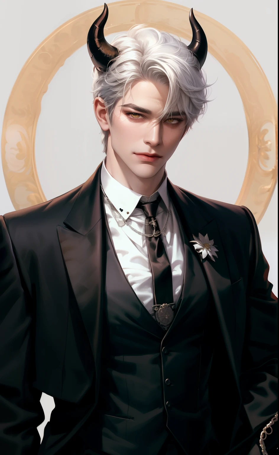 (masterpiece,best quality,ultra_detailed,highres,absurdres),1 mature male, 30-ish, (wide shoulder), (muscular), male focus, solo, white hair, chain, shirt, black necktie, necktie, hell background, yellow eyes, upper body, vest, short hair, looking at viewer, smile face, parted lips, collared shirt, round eyewear, long sleeves, hand on own shoulder, white shirt, brown background, black vest, monocle, jewelry. man with horns on his head, fit male demon with white horns, oni horns, demon, albino demon