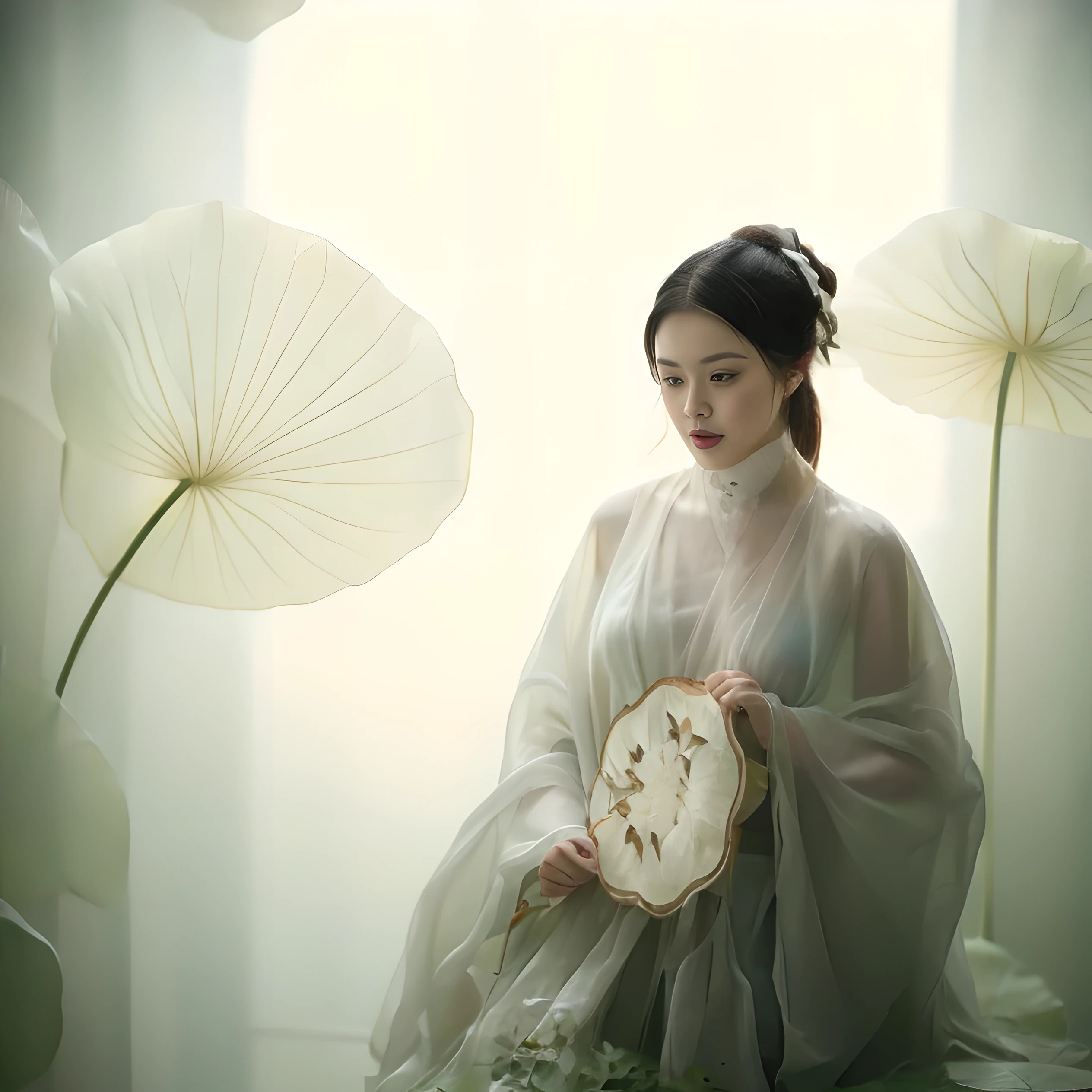 A girl，solo，（Giant Lotus Leaf1.5)，Lotus Leaf，Black Hair，dress，Looking at the audience，White skirt，Hair Bun，
Sitting，单Hair Bun，Leaves，Long sleeve，Red lips，Realism