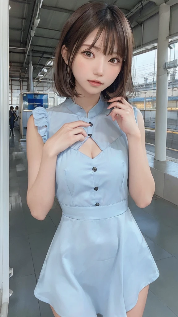 (8k, RAW Photo, Best Quality, Masterpiece: 1.3), breakone girl, (a beauty girl, delicate girl:1.3), (21 years old:1.5), break, (Blue going out dress:1.3), break, Extremely fine grain definition, (Symmetrical eyes:1.3), break, Small breasts, Brown eyes, Parted bangs, brown hair, girl, break, (Eye and facial details:1.3),break,smile, (Shinkansen platform:1.3),