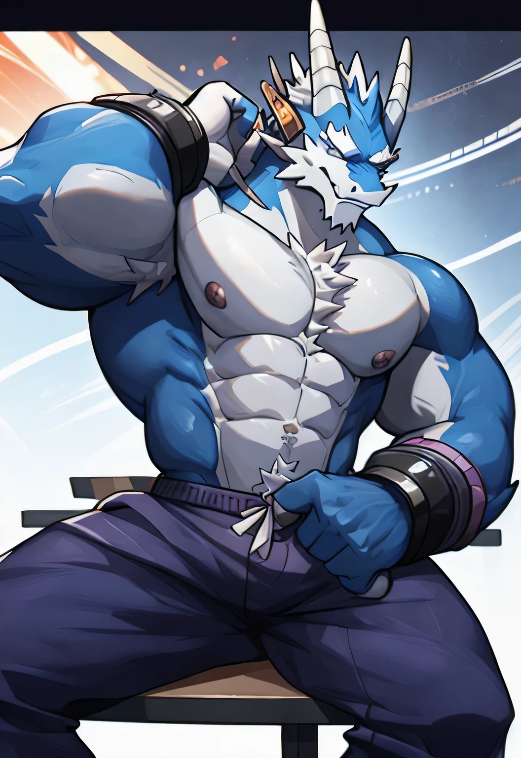 dragon,Anthropomorphic male dragon, Highlight the dragon angle,Highlight his muscular body and sharp claws, Showing the outline of the chest, abdomen, Stretch and Elegance, Delicate lace pattern glitters in the light. Keep your eyes on the screen,Play games with headphones,sit at the table,The background is the scene of the e-sports competition。dragon'Tail, Long-lasting and powerful, 他sit at the table,Playing games with headphones on,Keep your eyes on the screen,Emphasizes his charming masculinity. dragon'Keep your eyes on the screen,Play games with headphones,sit at the table,The background is the scene of the e-sports competition。