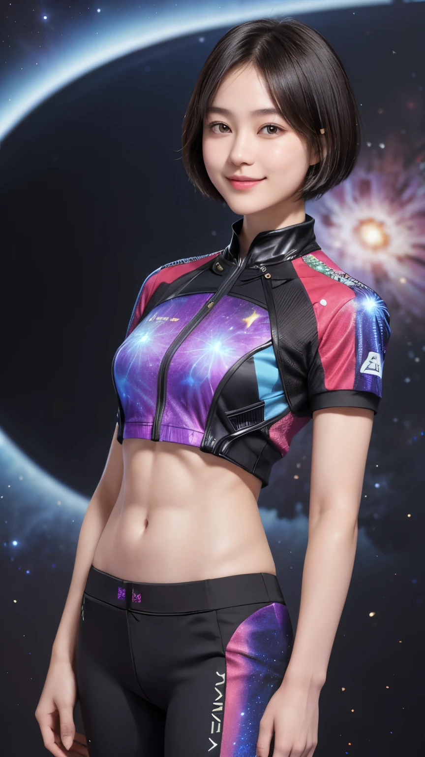 214 Short Hair, 20-year-old woman, A kind smile, Floral, Futuristic clothing, machinery suit, ((Clothes that show abs、Clothes with short sleeves)), (The background is a galaxy and nebula)