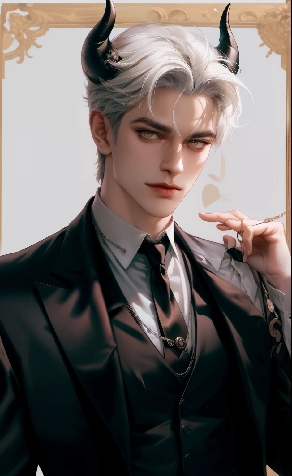 (masterpiece,best quality,ultra_detailed,highres,absurdres),1 mature male, 30-ish, (wide shoulder), (muscular), male focus, solo, white hair, chain, shirt, black necktie, necktie, hell background, yellow eyes, upper body, vest, short hair, looking at viewer, smile face, parted lips, collared shirt, round eyewear, long sleeves, hand on own shoulder, white shirt, brown background, black vest, monocle, jewelry. man with horns on his head, fit male demon with white horns, oni horns, demon, albino demon