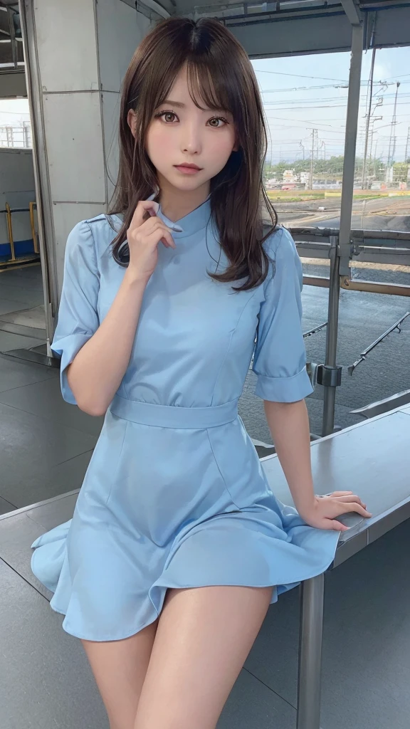 (8k, RAW Photo, Best Quality, Masterpiece: 1.3), breakone girl, (a beauty girl, delicate girl:1.3), (21 years old:1.5), break, (Blue going out dress:1.3), break, Extremely fine grain definition, (Symmetrical eyes:1.3), break, Small breasts, Brown eyes, Parted bangs, brown hair, girl, break, (Eye and facial details:1.3),break,smile, (Shinkansen platform:1.3),