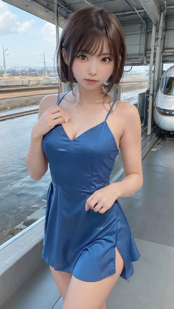 (8k, RAW Photo, Best Quality, Masterpiece: 1.3), breakone girl, (a beauty girl, delicate girl:1.3), (21 years old:1.5), break, (Blue going out dress:1.3), break, Extremely fine grain definition, (Symmetrical eyes:1.3), break, Small breasts, Brown eyes, Parted bangs, brown hair, girl, break, (Eye and facial details:1.3),break,smile, (Shinkansen platform:1.3),