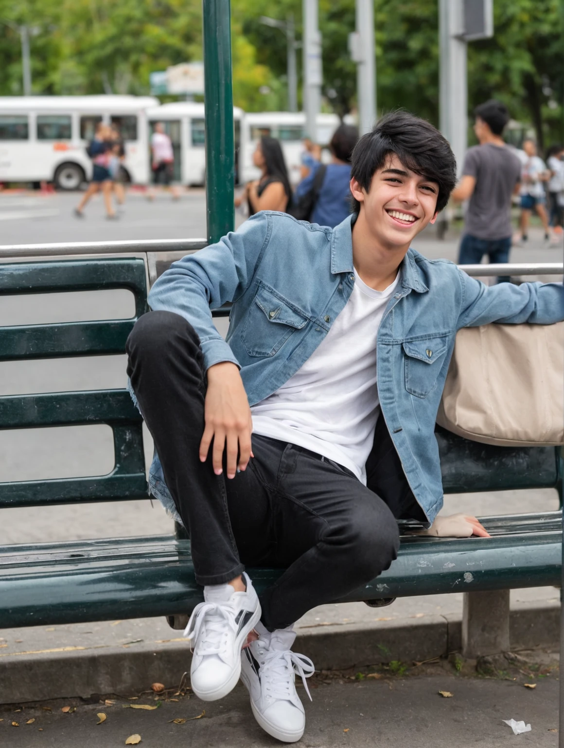 19-year-old boy, jeans, Black Hair, very happy. Sitting on a bus bench