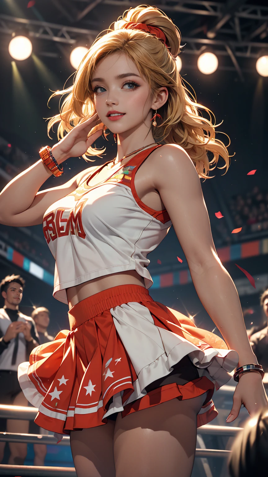 ((最high quality, 8K, masterpiece: 1.3, Ultra HD, high quality, 最high quality, High resolution, realism)) 、A 22-year-old extremely beautiful white woman、Hair color blonde、blue eyeedium Hair、Straight Hair、smile、Slender but well-proportioned body、Athlete-like body type、I want my head to stay off screen、Wearing accessories on the wrist、Put an anklet on your ankle、Wearing red nail polish、I have a peticure、Being a cheerleader、Holding pom-poms and waving both hands in the air, they dance the cheer dance、looks fun、Lively、View your viewers