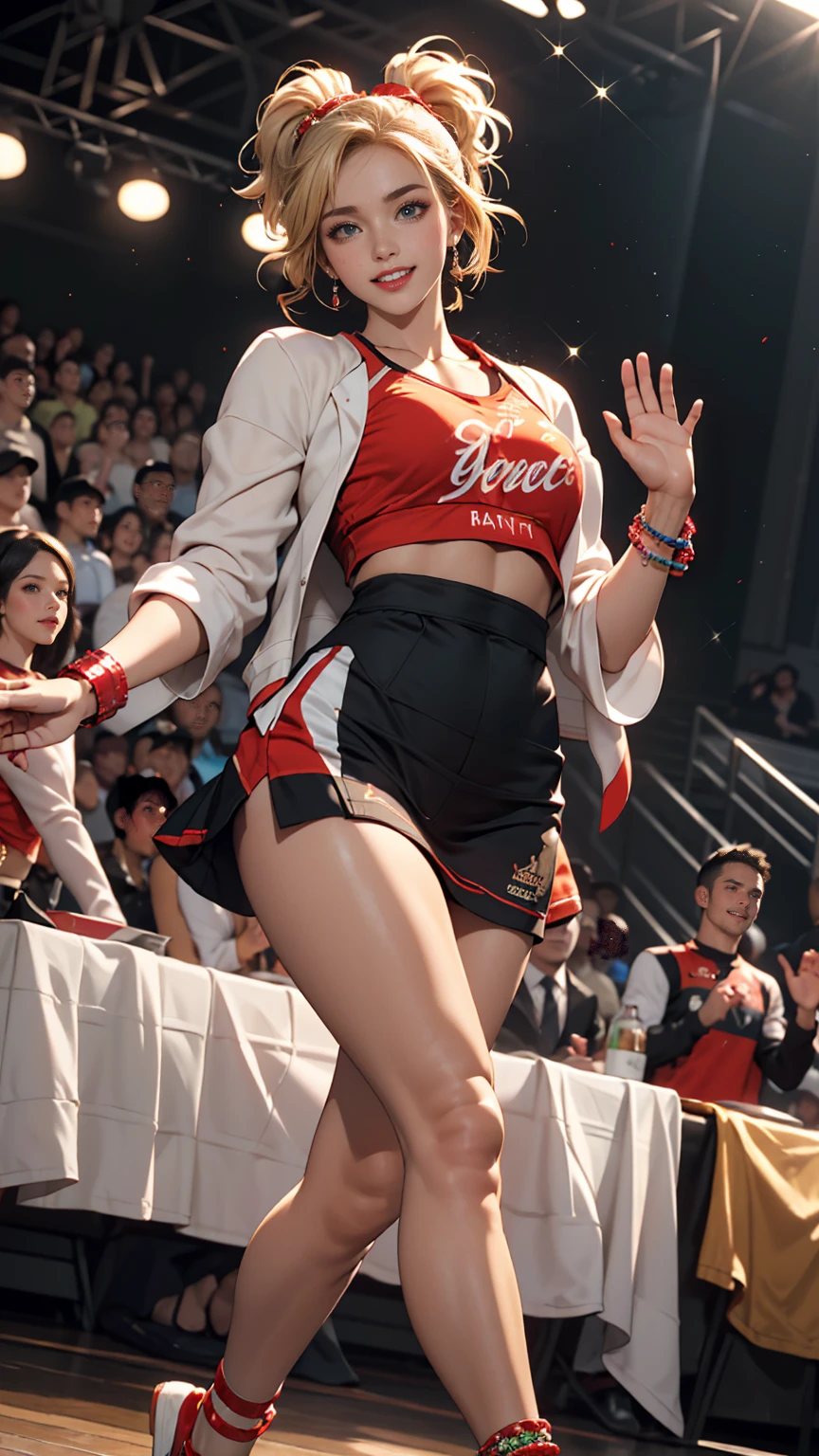 ((最high quality, 8k, masterpiece: 1.3, Ultra HD, high quality, 最high quality, High resolution, realism)) 、Very beautiful 22 year old Caucasian woman、Hair Color: Blonde、Blue Idium Hair、Straight hair、smile、Slim but well-proportioned body、Athlete-like figure、I want to keep my head out of the screen.、Wear accessories on your wrist、Put an anklet on your ankle、Wearing red nail polish、Having a pedicure、Being a cheerleader、Strike a Pose
