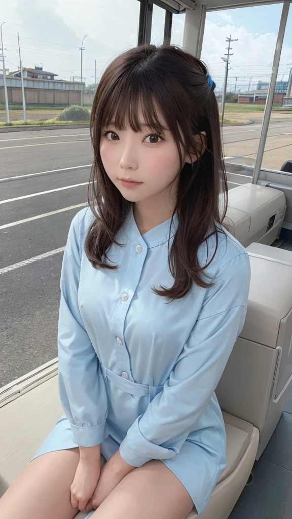 (8k, RAW Photo, Best Quality, Masterpiece: 1.3), breakone girl, (a beauty girl, delicate girl:1.3), (21 years old:1.5), break, (Blue going out dress:1.3), break, Extremely fine grain definition, (Symmetrical eyes:1.3), break, Small breasts, Brown eyes, Parted bangs, brown hair, girl, break, (Eye and facial details:1.3),break,smile, (Shinkansen platform:1.3),Travel Bag