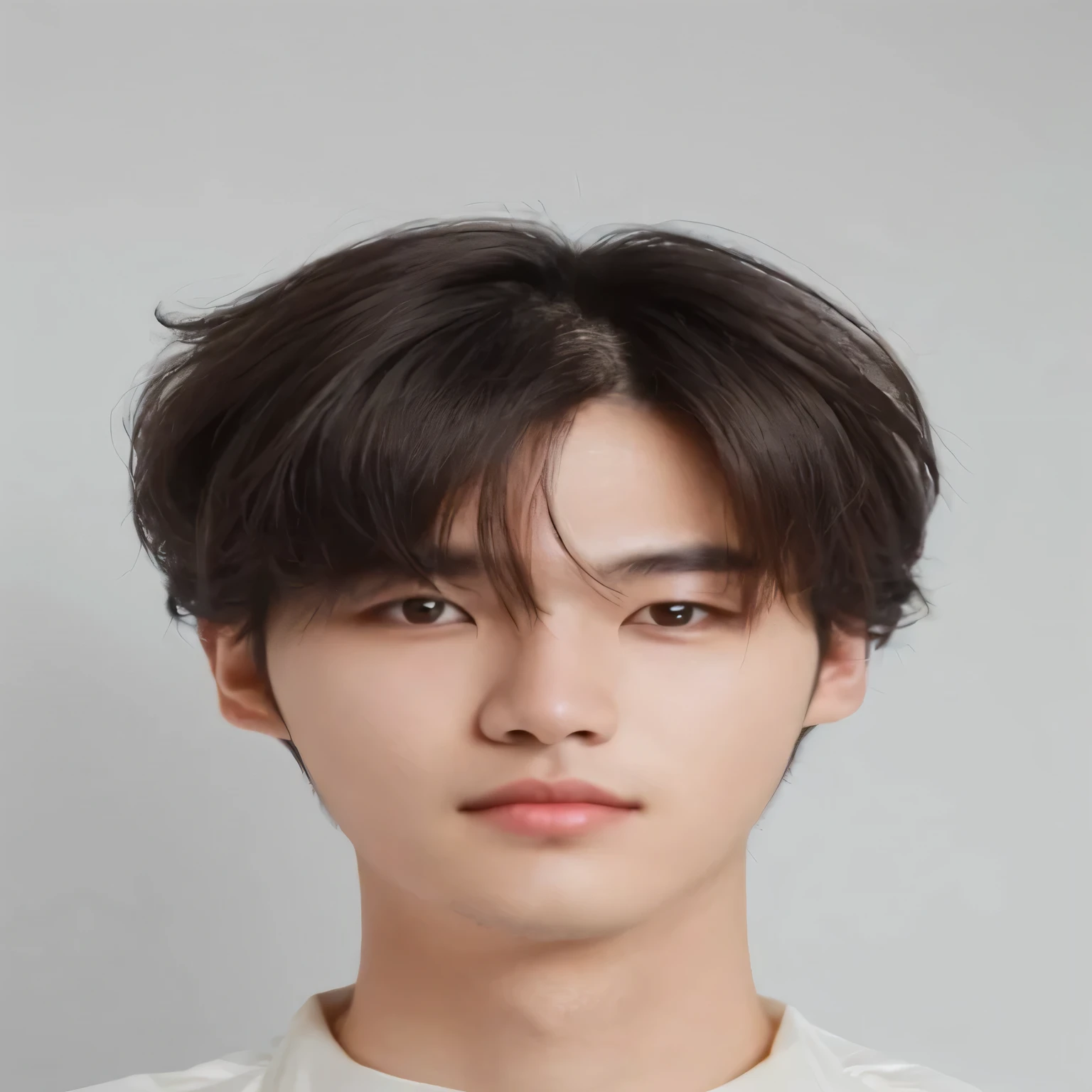 Best Quality, 8k, Masterpiece, (Portrait: 1.3), (photo realistic:1.4), (hyper realistic:1.4), Sharp Focus, looking at viewer, (smoother lighting:1.1), (increase cinematic lighting quality:0.9), realistic lighting, backlighting, light on face, ray trace, (brightening light:1.2), (Increase quality:1.4), sharp detail, (best quality real texture skin:1.4), finely detailed eyes, black_eyes, finely detailed face, 25 year old Korean man, (white formal_shirt:1.4), (Create an image maintaining the original base model hairstyle:1.5)