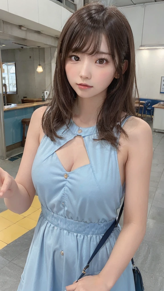 (8k, RAW Photo, Best Quality, Masterpiece: 1.3), breakone girl, (a beauty girl, delicate girl:1.3), (21 years old:1.5), break, (Blue going out dress:1.3), break, Extremely fine grain definition, (Symmetrical eyes:1.3), break, Small breasts, Brown eyes, Parted bangs, brown hair, girl, break, (Eye and facial details:1.3),break,smile, (Sapporo Station:1.3),Travel Bag