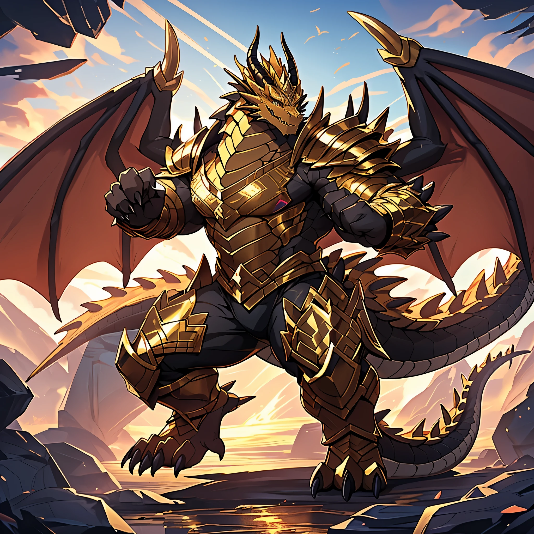 (The violent and powerful Dark Gold Dragon King,Wearing modern black and gold armor,Inlaid with dark gold gemstones:200),Strong physique的龙形恶魔,(Large dragon body,Huge chest,Majestic wingspan,Sharp and huge dragon claws,Thick iron tail,Sharp dragon scales,The huge dark gold dragon king:2),Strong physique,(Dark gold scales,Mighty dragon-shaped demon:2),Dragon legs apart,Dragon wings unfold,The dragon's claws open,Excited grin,Huge mount,Overwhelming presence,Full body picture,Very detailed,4k HD