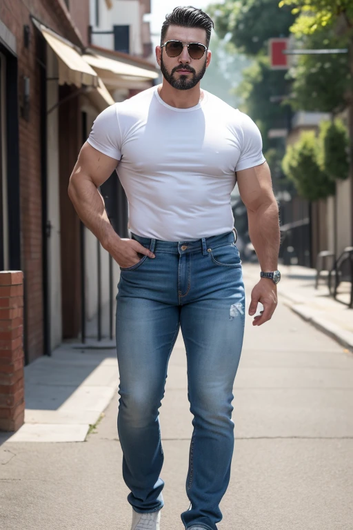 muscular manly man, Henry Cavill, 45 years old, full body , naked white jeans . Same model