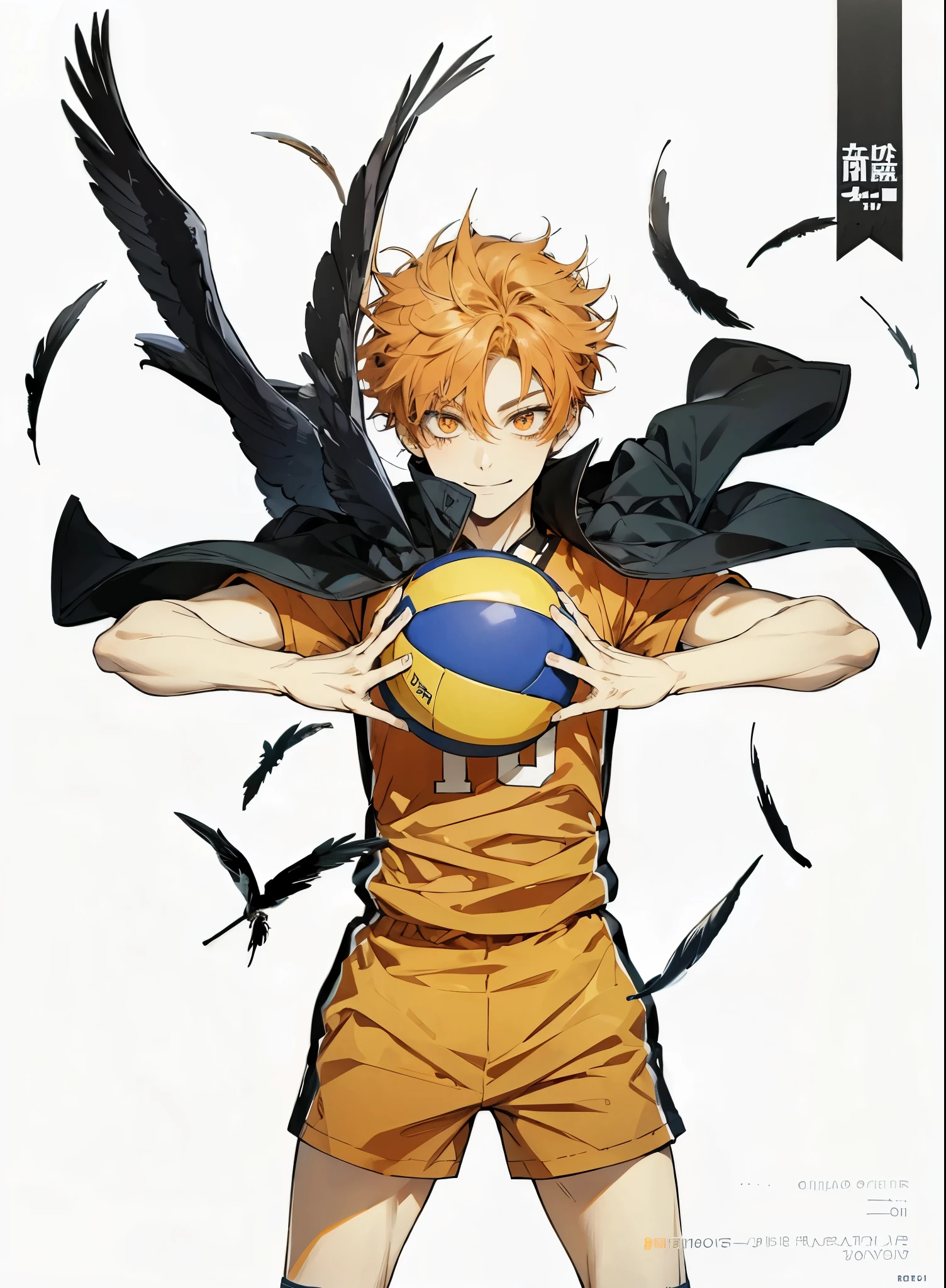 1 male, juvenile,aldult, Handsome, #10: Messy Short Bangs, Orange Hair,volleyball player,Orange Eyes,Holding a volleyball,There are crows behind,排球juvenile,Exquisite facial details,Exquisite eyes, Wear ,aldult face, ,close up, Confident smile,Exquisite facial features,Frying hair,hair standing on end,The wind blows the coat