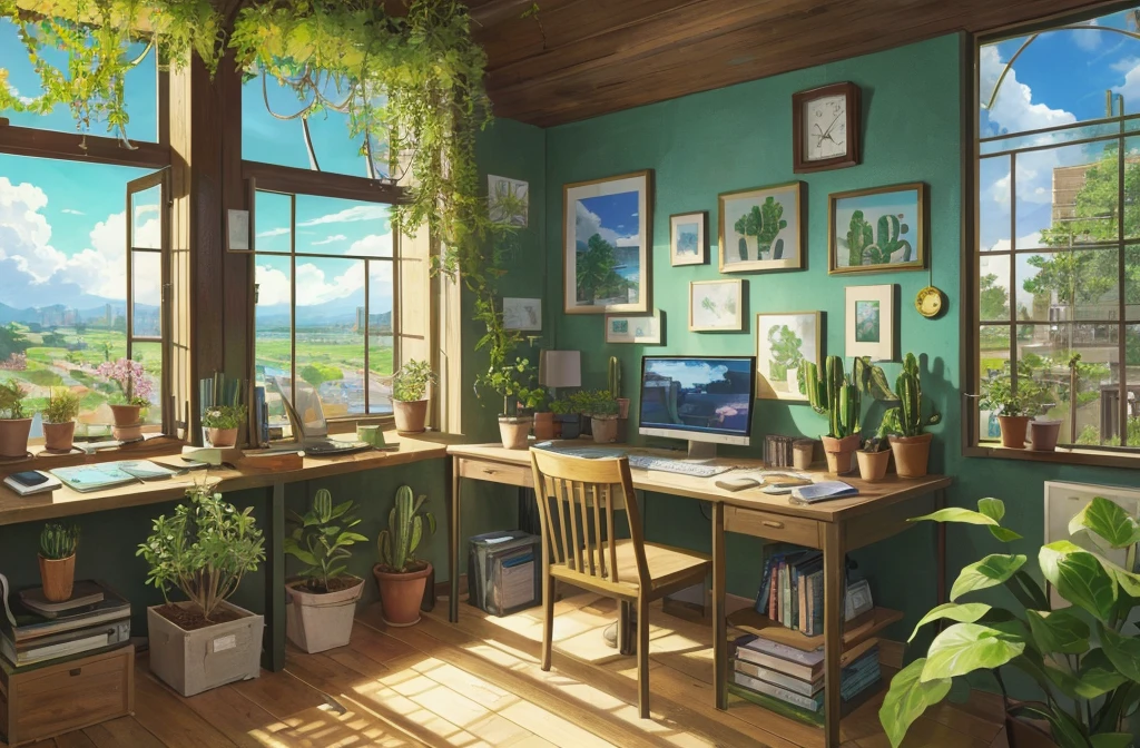 desk, Green plants, Panoramic windows Nature views, Blue sky Very detailed, Intricate details, Objects like monitor keyboards, Four paintings on the wall, Succulent containers, Book, astrolabe, Cacti in containers, Ghibli Anime Style