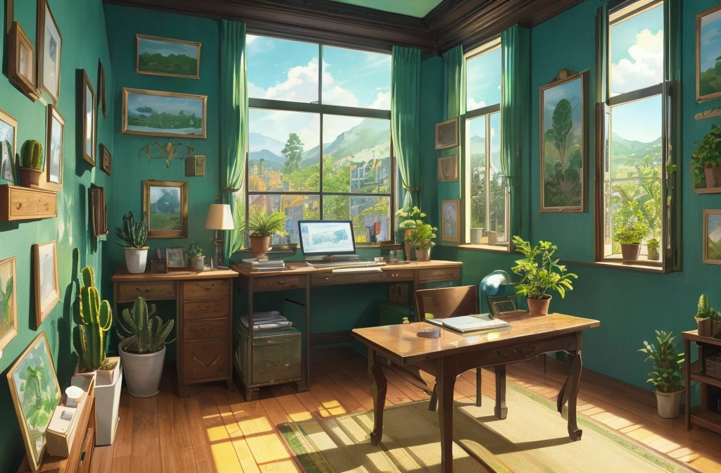 desk, Green plants, Panoramic windows Nature views, Blue sky Very detailed, Intricate details, Objects like monitor keyboards, Four paintings on the wall, Succulent containers, Book, astrolabe, Cacti in containers, Ghibli Anime Style