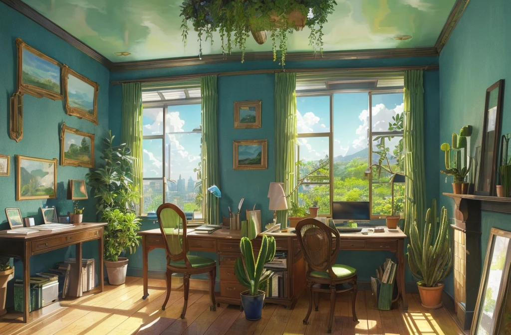 desk, Green plants, Panoramic windows Nature views, Blue sky Very detailed, Intricate details, Objects like monitor keyboards, Four paintings on the wall, Succulent containers, Book, astrolabe, Cacti in containers, Ghibli Anime Style