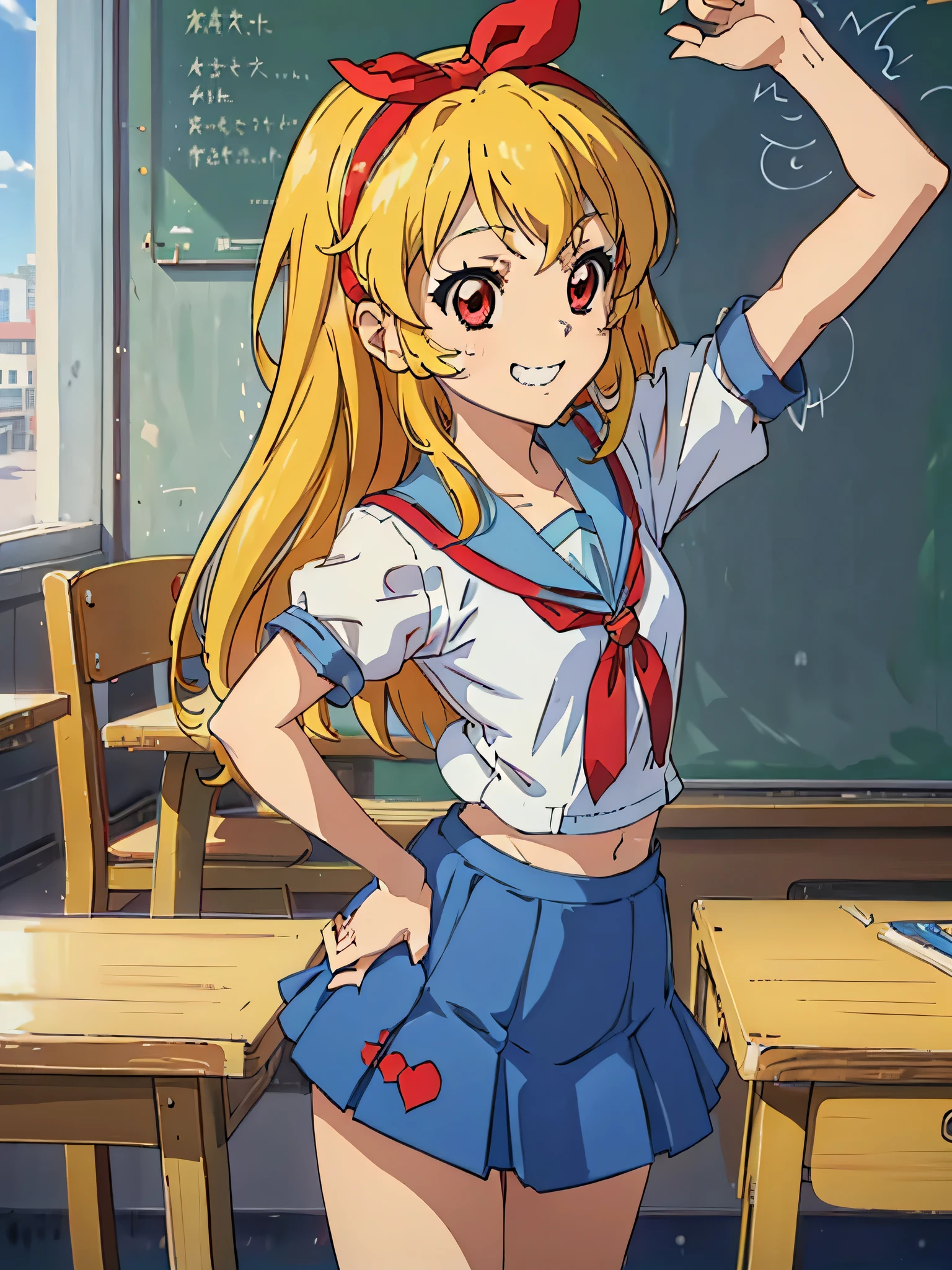 (red ribbon on hairband:1.2),（8K, best quality, muste piece:1.2)、ultra high resolution,1 very cute girl,hosimiya ichigo,ultra-detailed face, detailed eyes,RED eyes,,masterpiece, best quality, extremely detailed, anime, a girl, yellow ribbon in hair,  victorious, tomboy, evil smile, grin, happy, light blue sailor suit, mini skirt, Suzumiya Haruhi style, white sleeves, white socks, Loafers, (pointing gesture with right hand), Pointing ahead, left hand on  the hip, high school building, classroom 