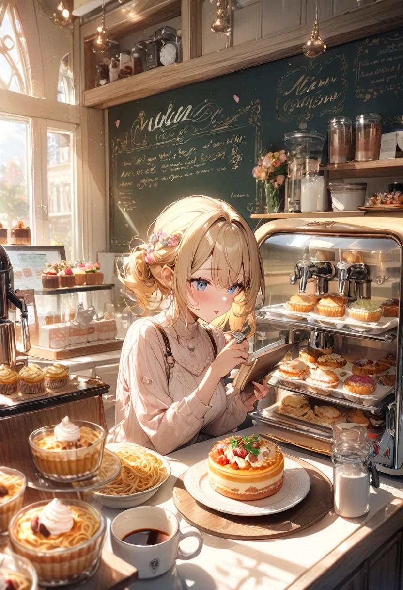 masterpiece, very detailed, 1 girl, Blonde hair, pastel shades, cozy atmosphere, dessert display, Pasta, cupCakes, Pies, Cakes, coffee machine, menu on chalkboard, daylight, glass jars with candies, frosted window panes, decorative plates, Fancy décor, Sugar sculptures