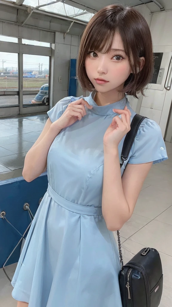 (8k, RAW Photo, Best Quality, Masterpiece: 1.3), breakone girl, (a beauty girl, delicate girl:1.3), (21 years old:1.5), break, (Blue going out dress:1.3), break, Extremely fine grain definition, (Symmetrical eyes:1.3), break, Small breasts, Brown eyes, Parted bangs, brown hair, girl, break, (Eye and facial details:1.3),break,smile, (Shinkansen platform:1.3),Travel Bag