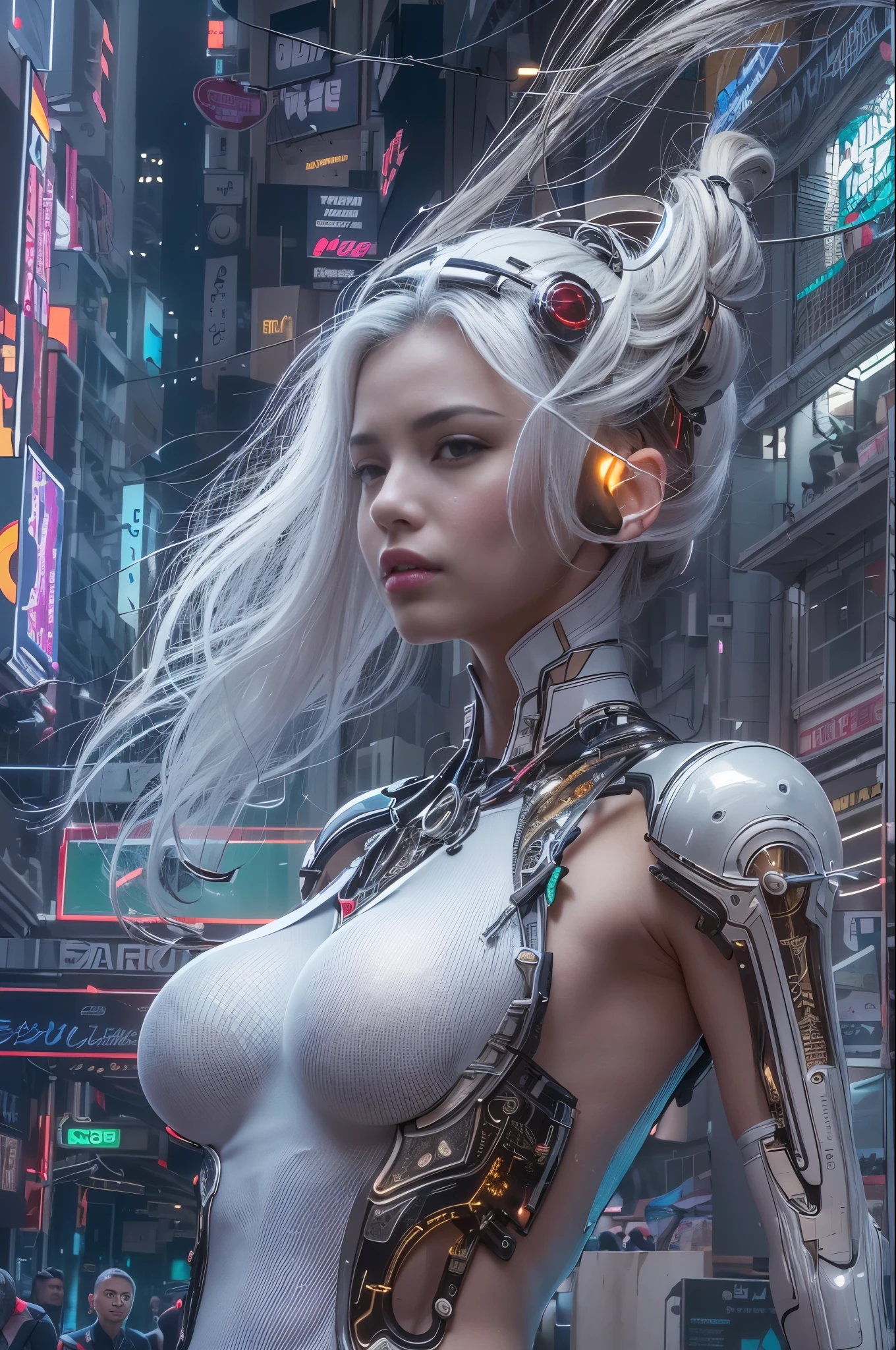 Top Quality, Masterpiece, Ultra High Resolution, ((Photorealistic: 1.4), Raw Photo, 1 Girl, very long platinum white Hair, Glossy Skin, 1 Mechanical Girl, (Ultra Realistic Details, accentuated super huge enormously gigantic tits with cleavage showing, sexy seductive slutty pose)), side lighting, deep shadows, Octane Rendering, 8K, Ultra Sharp, Metal, Intricate Ornament Details, Egyptian Details, Very intricate details, realistic light, CGSoation trend, facing the camera, neon details, mechanical limbs, tubes connected to the mechanical parts, mechanical vertebrae attached to the back, mechanical cervical attachment to the neck, wires and cables connecting to the head, evangelion, small glowing LED lamps, (cherry blossoms blowing in the wind, dazzling futuristic Cyberpunk city streets in background).