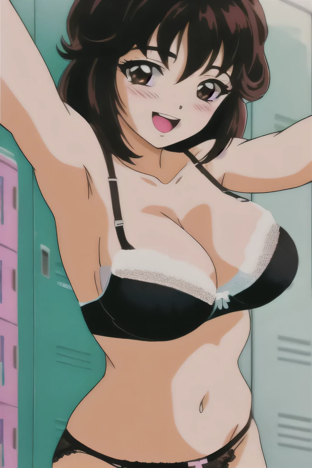 tomoko,length_hair, blush, smile,Open_mouth,Embarrassing,locker room,(((Lace Underwear))),(((black lace bra))),Michiko_Selfie,