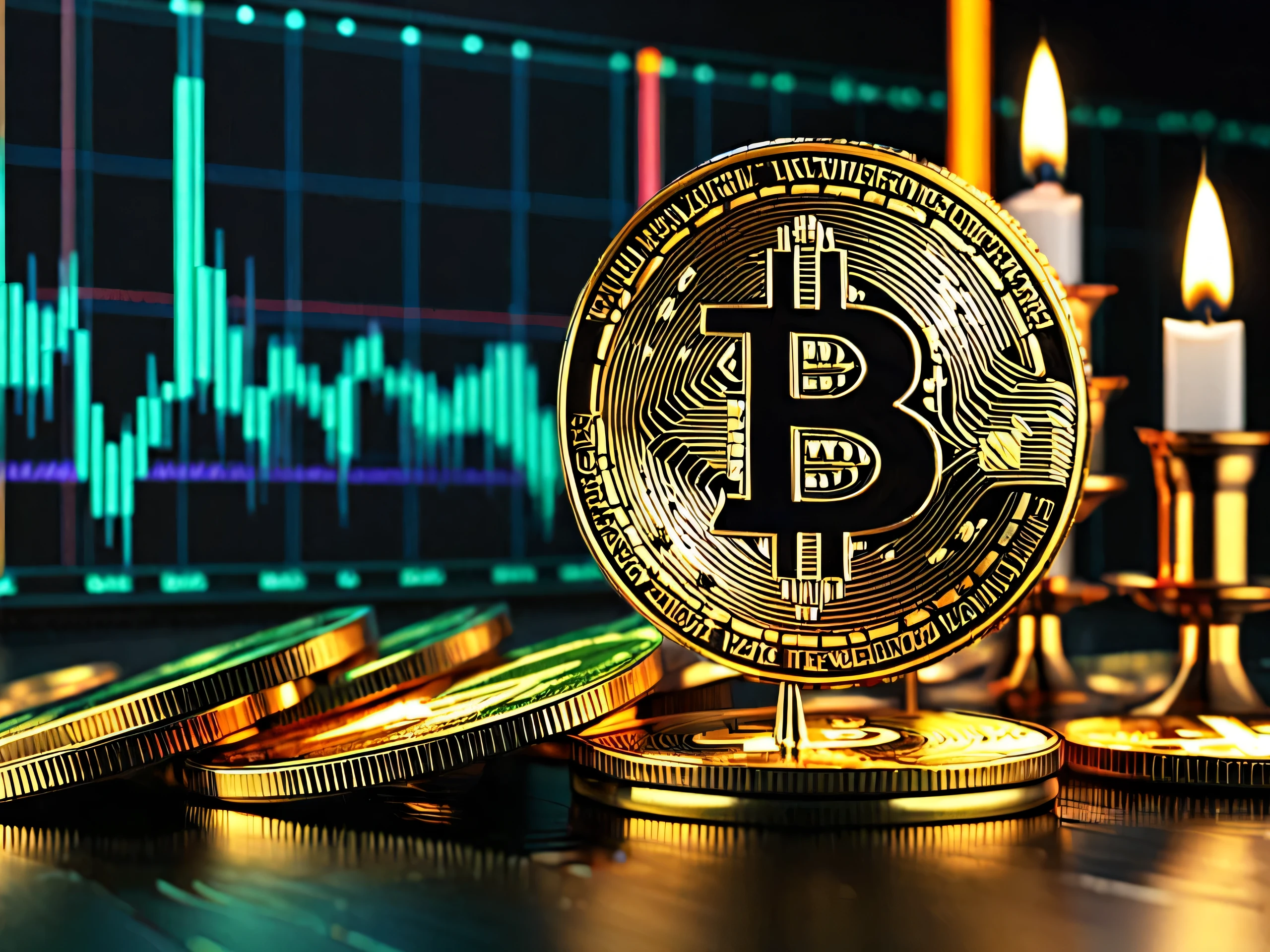 RAW, The Bitcoin exudes strength, with a background displaying a candlestick chart of Bitcoin. Despite fluctuating up and down, the chart shows a rising trend in price. The coin symbolizes the resilience and potential of digital currency, creating an appealing visual tied to market dynamics, best quality, masterpiece, 8k, 16k, unreal engine 5, ultra sharp focus, award winning photograph, trending on art station