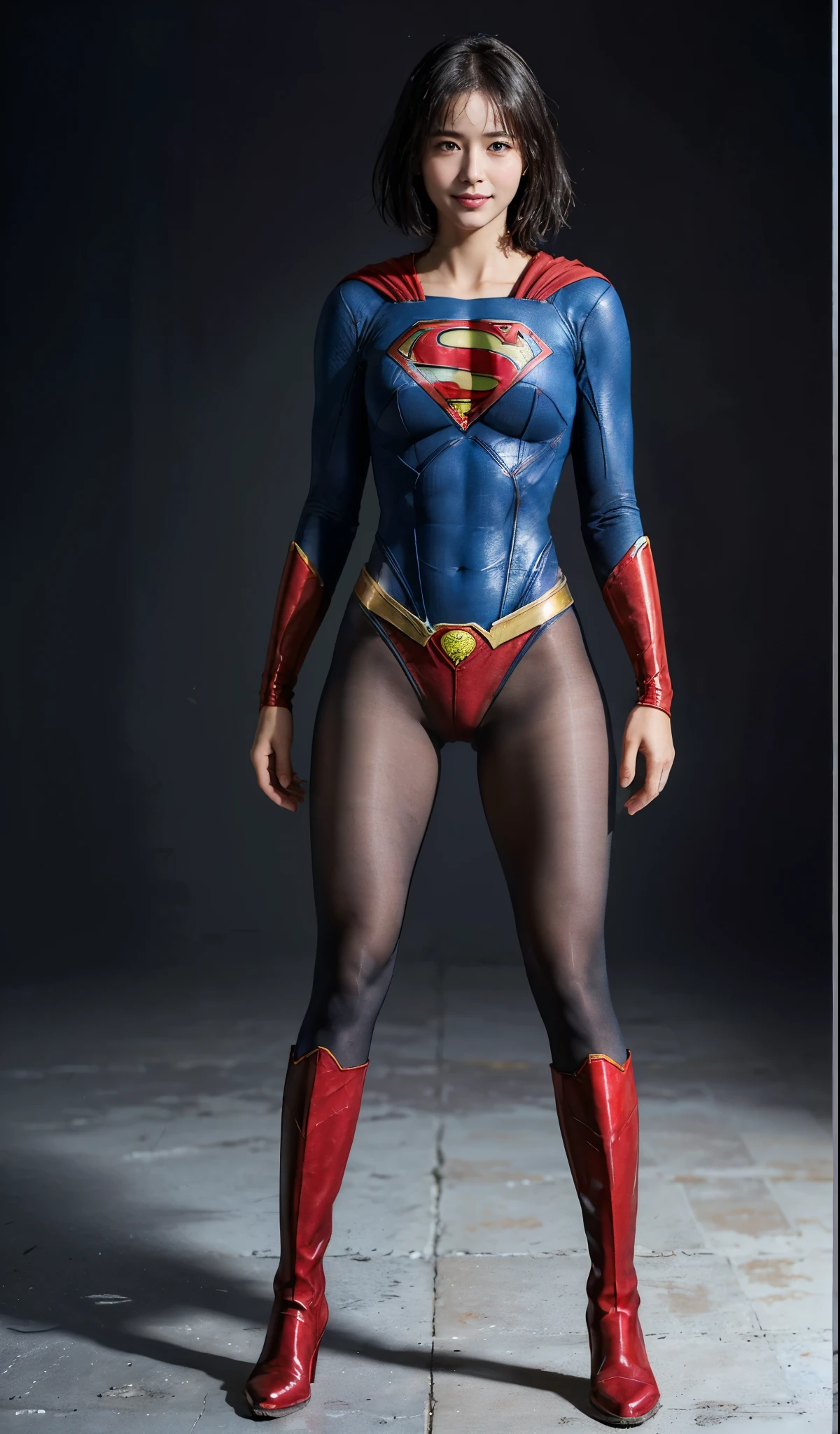 No background、(((Beautiful legs in black tights.)))、(((Legally express the beauty of your smile)))、((((Make the most of your original images)))、(((Supergirl Costume)))、(((beautiful short bob hair)))、(((suffering)))、(((Please wear black tights....、Wear red boots)))、((Best image quality、8K))、((highest quality、8K、masterpiece:1.3))、(((Preserve background )))、Sharp focus:1.2、Beautiful woman with perfect figure:1.4、Thin abdominal muscles:1.2、Wet body:1.5、Highly detailed face and skin texture、8K