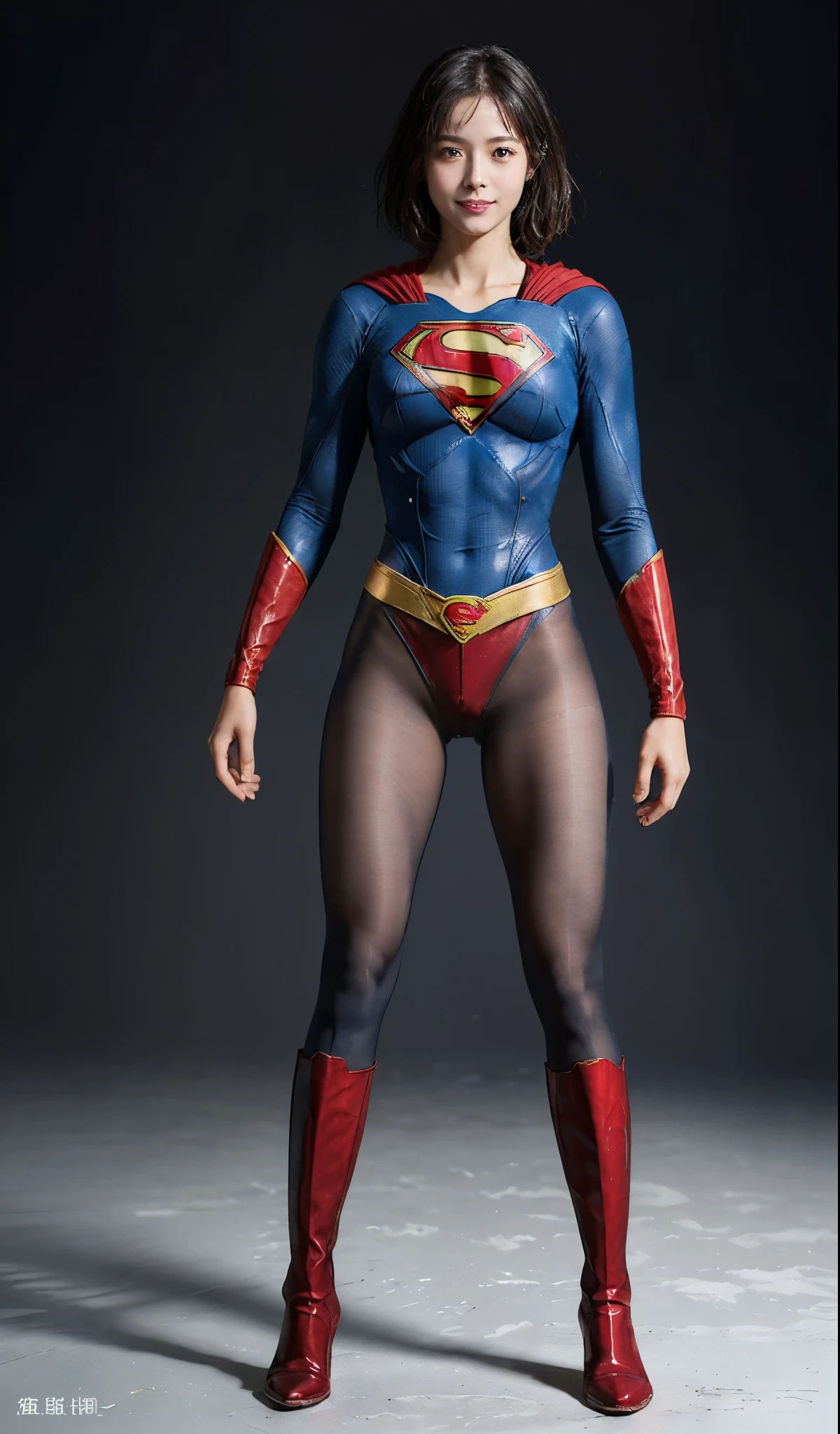No background、(((Beautiful legs in black tights.)))、(((Legally express the beauty of your smile)))、((((Make the most of your original images)))、(((Supergirl Costume)))、(((beautiful short bob hair)))、(((suffering)))、(((Please wear black tights....、Wear red boots)))、((Best image quality、8K))、((highest quality、8K、masterpiece:1.3))、(((Preserve background )))、Sharp focus:1.2、Beautiful woman with perfect figure:1.4、Thin abdominal muscles:1.2、Wet body:1.5、Highly detailed face and skin texture、8K