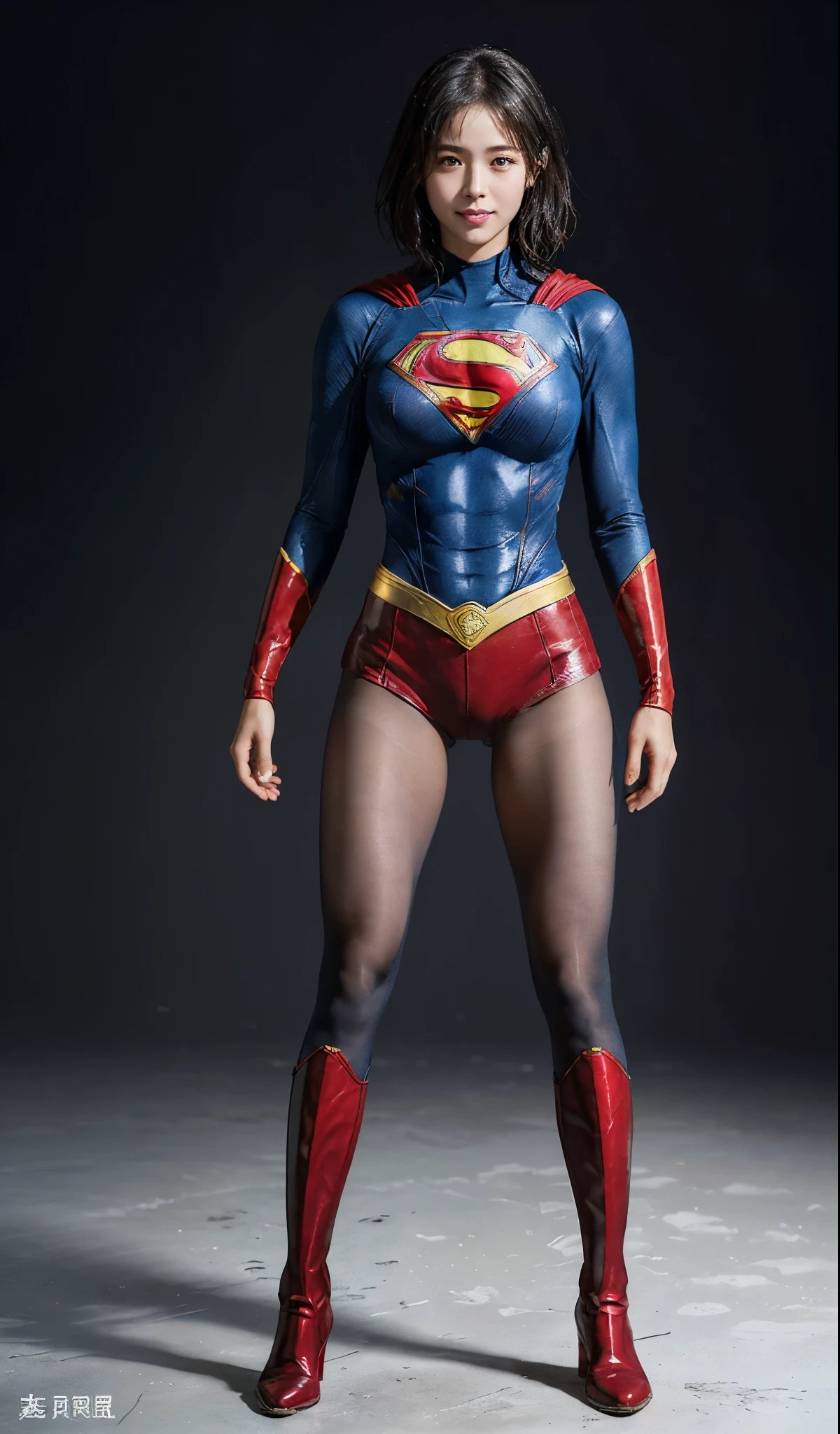 No background、(((Beautiful legs in black tights.)))、(((Legally express the beauty of your smile)))、((((Make the most of your original images)))、(((Supergirl Costume)))、(((beautiful short bob hair)))、(((suffering)))、(((Please wear black tights....、Wear red boots)))、((Best image quality、8K))、((highest quality、8K、masterpiece:1.3))、(((Preserve background )))、Sharp focus:1.2、Beautiful woman with perfect figure:1.4、Thin abdominal muscles:1.2、Wet body:1.5、Highly detailed face and skin texture、8K