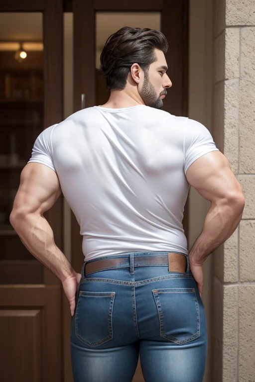 Sergio K, 60 years, jefe hombre blanco, very handsome and incredibly repulsive attractive, corpulento y corpulento, Benevolente, camisa de vestir ligeramente desabrochada dejando al descubierto su pecho peludo, distinguido caballero de mediana edad, pantalones, Big muscular body jeans same model backside