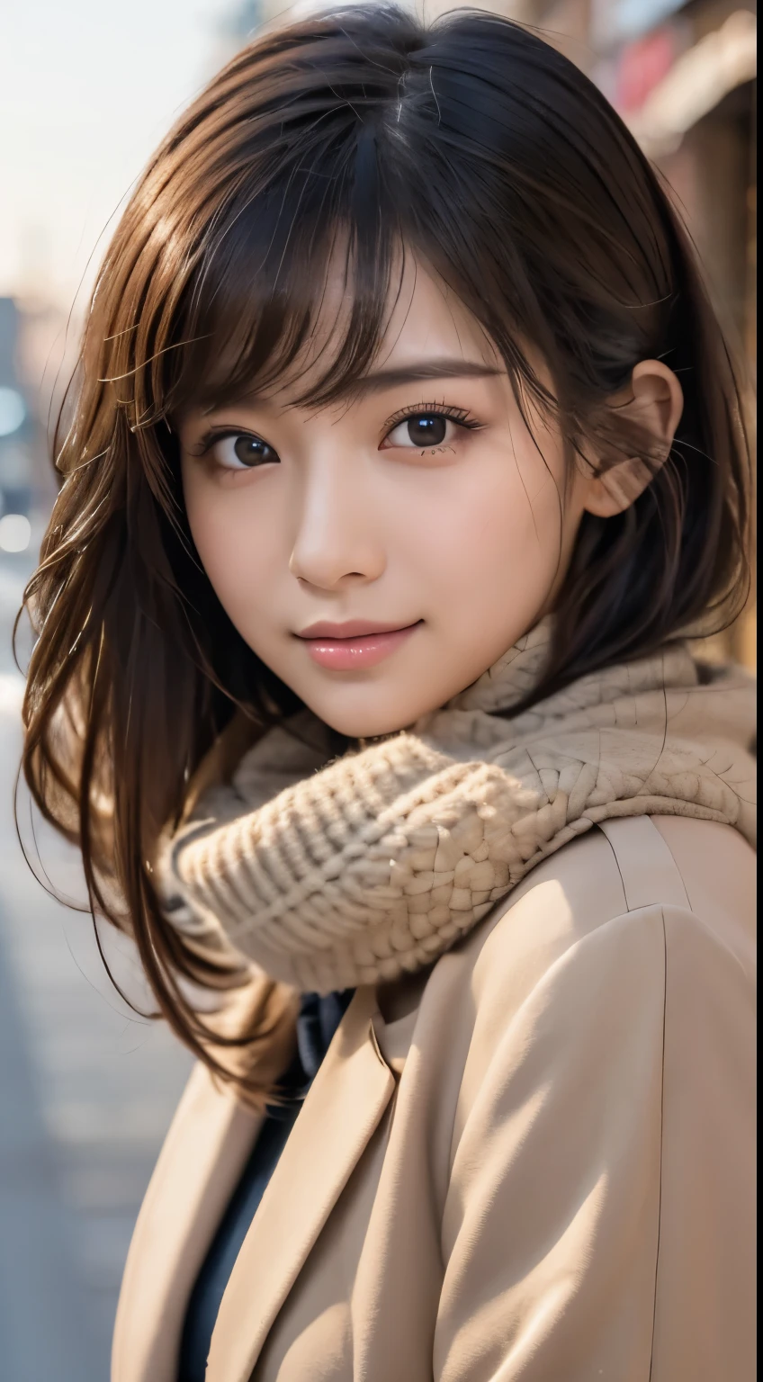 (8k, RAW Photos, highest qualthaty, Tabletop:1.2), (Realistic, Realistic:1.4), (Highly detailed 8K wallpapers), Sharp focus, Wrthatten boundary depth, Cinema Lighting, Soft Light, Beautiful eyes in every detail,Shiny smooth light brown, Asymmetrical bangs, Shiny skin, Highly detailed skin ,High resolution, Attention to detail, Detailed hairstyle, Beautiful face in every detail, Ultra-realistic, Perfect limbs, Perfect Anatomy ,1 Japanese girl,Famous Japanese idols, Perfect female body,smile,short eyelashes,double eyelid,Look straight here,Hairstyle: short shaggy hair,Attaching the Ribbon, office,Wear a scrunchie,So that your whole body can be seen,Wearing a long coat,street,Stand up straight and pose,So that your whole body can be seen,Winters,Warm clothes,look straight at me,Wear a scarf,that&#39;that&#39;it&#39;s snowing,Wear a black long-sleeved coat,Old townscape of Europe,Cobblestone Street,A European church can be seen in the background...，Face close-up