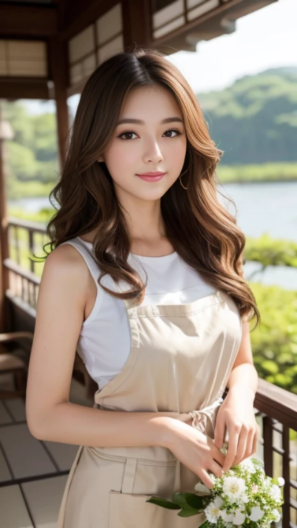 highest quality,masterpiece,超A high resolution,RAW Photos,One Girl,Loose perm hair、length、brown hair、Arms crossed、Japanese、Loose perm hair、length、brown hair、smile、Professional photography、Same skin type as humans、A woman dressed in Japan from head to toe、Blur the background、Anatomical accuracy、Very detailed and beautiful、Ultra HD、length、Her hair is flowing and sexy、Very detailed beautiful girl、Shoulder-length hair、Floristのスタッフ,Florist、White long skirt、Light brown sleeveless、apron、(Trying to cut the flower stem:1.2)、Floristの店内