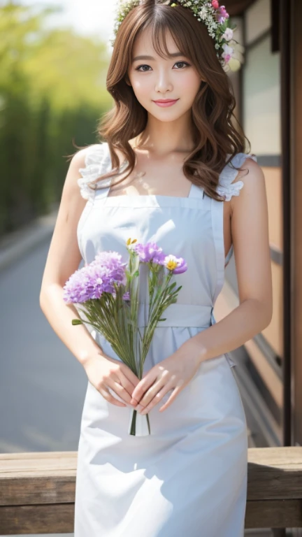 highest quality,masterpiece,超A high resolution,RAW Photos,One Girl,Loose perm hair、length、brown hair、Arms crossed、Japanese、Loose perm hair、length、brown hair、smile、Professional photography、Same skin type as humans、A woman dressed in Japan from head to toe、Blur the background、Anatomical accuracy、Very detailed and beautiful、Ultra HD、length、Her hair is flowing and sexy、Very detailed beautiful girl、Shoulder-length hair、Floristのスタッフ,Florist、White long skirt、Light brown sleeveless、apron、(Trying to cut the flower stem:1.2)、Floristの店内