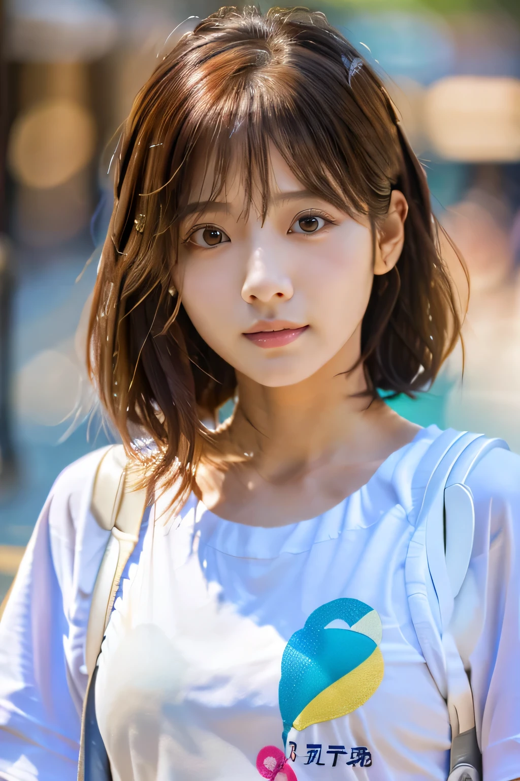 highest quality, Photorealistic, Very detailed, finely, High resolution, 8K Wallpaper, Professional, High level of detail, ((One 18 year old girl:1.2)), Slender Japanese women,cute lips, (Long eyelashes:1.2)、Detailed clavicle, Mid-chest、Perfect Face, (Cute short bob hair:1.5), Chestnut Hair、Cute face、(T-shirt on bare skin:1.5)、(Shorts:1.5)、(White sneakers:1.5)、(Sexy poses in the shopping district:1.2)、Perfect Professional Potion、((Complete head-to-toe coverage:1.5)、