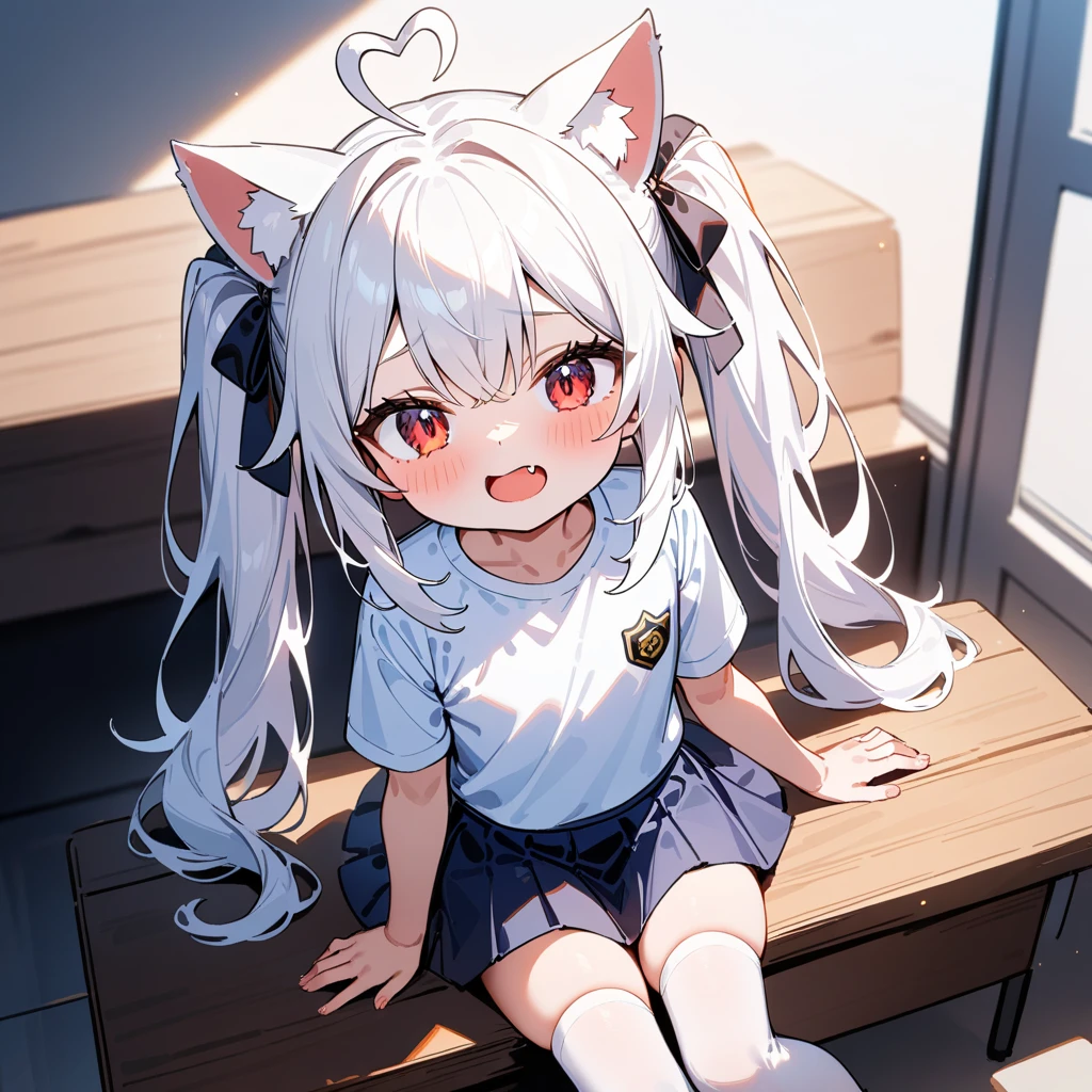 （masterpiece：1.2，high quality），8K，High resolution，A -year-girl，e girl，white hair，long hair，twintails，red eyes，heart ahoge，cat ears，laughing，open mouth，fang out，Sitting on the bad，White short-sleeved T-shirt，Dark blue pleated skirt，(white stockings：1.6），primary scho