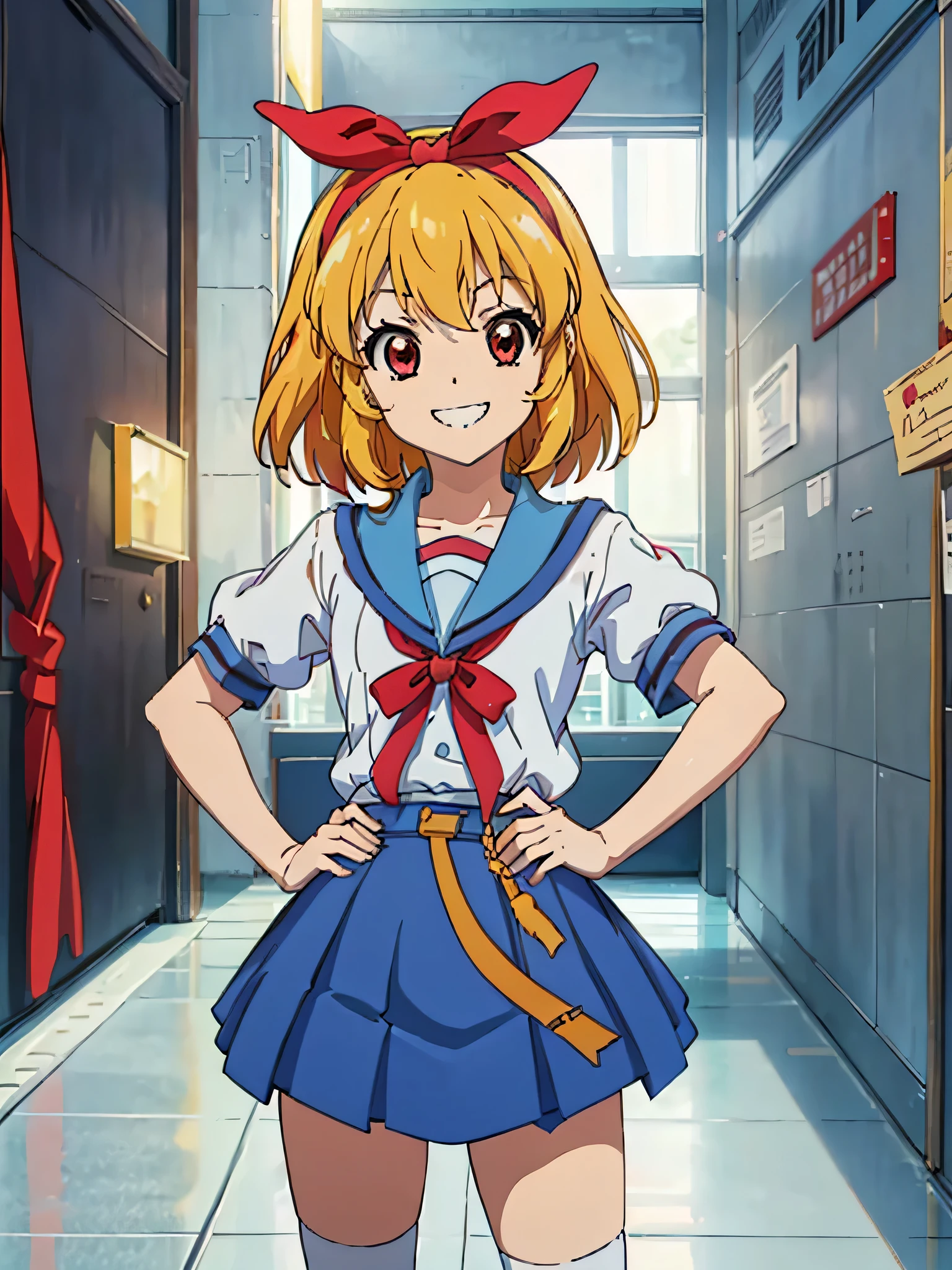 (red ribbon on hairband:1.2),（8K, best quality, muste piece:1.2)、ultra high resolution,1 very cute girl,hosimiya ichigo,ultra-detailed face, detailed eyes,RED eyes,,masterpiece, best quality, extremely detailed, anime, a girl, yellow ribbon in hair,  victorious, tomboy, evil smile, grin, happy, light blue sailor suit, mini skirt, Suzumiya Haruhi style, white sleeves, white socks, Loafers, (pointing gesture with right hand), Pointing ahead, left hand on  the hip, high school building, classroom 