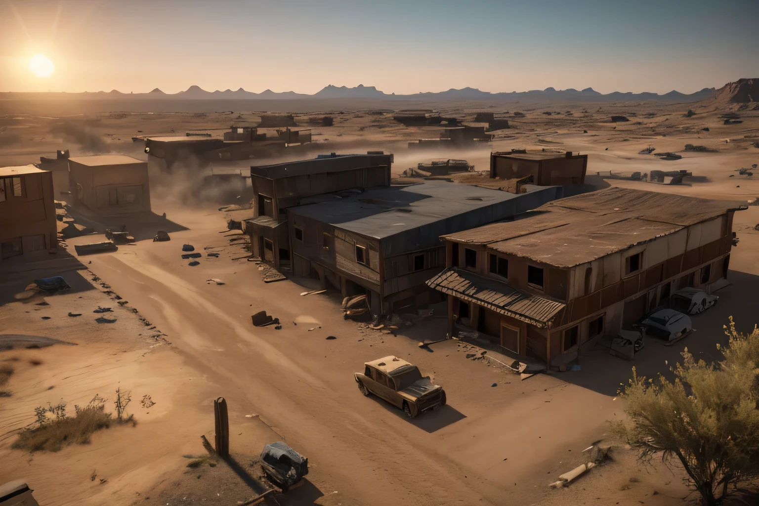 Post-apocalyptic wilderness，Desert town，There are many abandoned buildings in it, Dusty environment, Dusty Unreal Engine, Octane Highly Detailed Movie, mining outpost, Rendering in cryengine, fallout environment, Realistic Unreal Engine 3D game, foggy ghost town, Military outpost, videogame screenshot>, Capturing 3D renderings in games, Steam Workshop Map, wilderness
