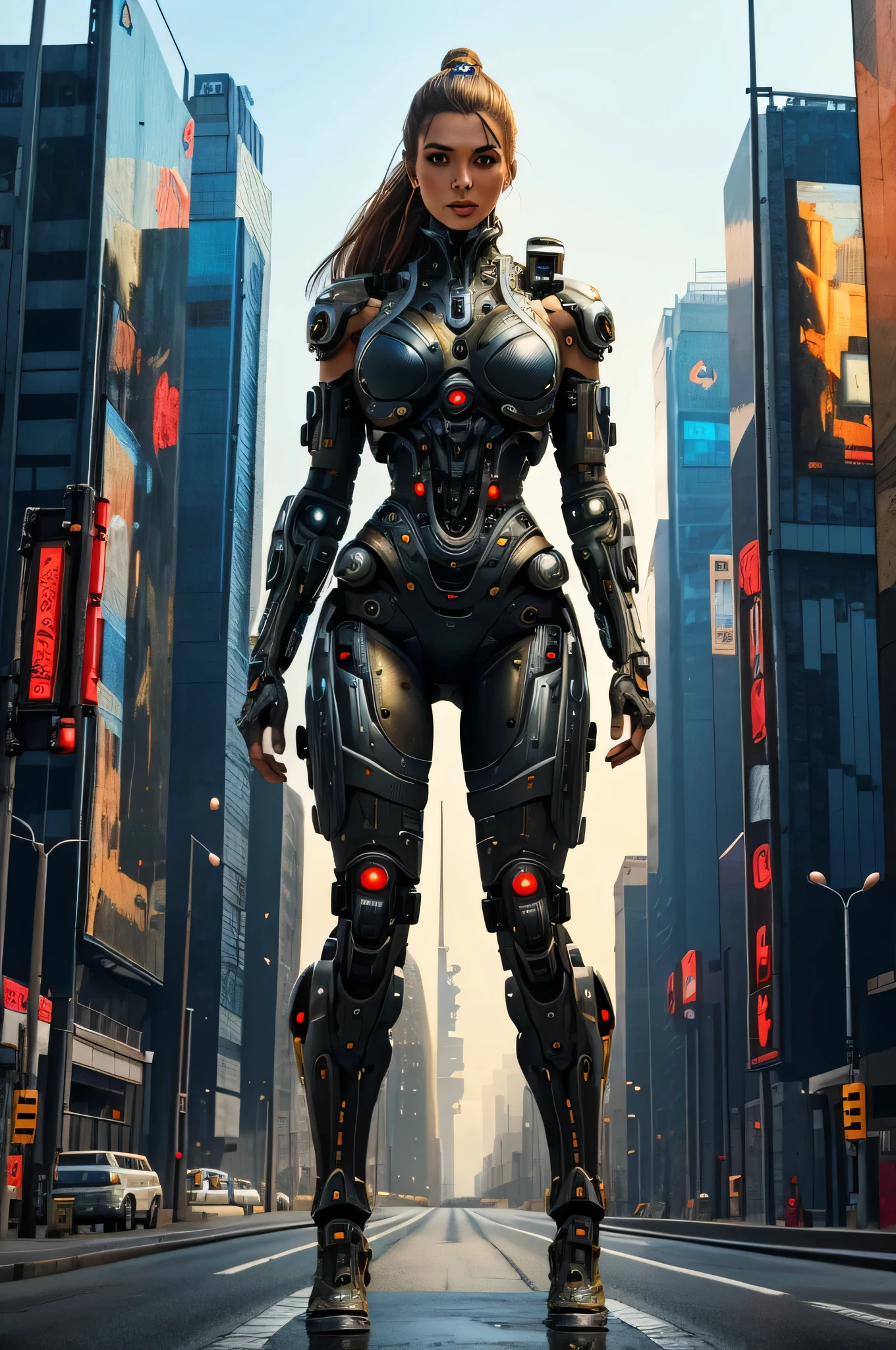 ((best quality)), ((masterpiece)), (detailed), beautiful female cyborg in post-apocalyptic world, standing tall from head to toe in the futuristic cyberpunk city street