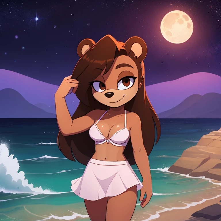 mobian bear, brown hair, brown eyes, black hair, black fur, straight hair, long hair, female, medium breasts, ocean, female, 1girl, portrait, standing, nightgown, strapless bra, cleavage, white long skirt, transparent skirt, dominant female, smile, shore, frilled underwear, night, moon, stars, ghost, transparent body, psychedelic background, Masterpiece, high quality, studio quality, intricate details, 4k, solo